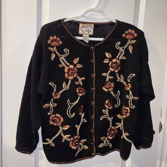 Heirloom Collectibles Cardigan Womens Black Floral Embroidered Buttons Sweater - Picture 3 of 9
